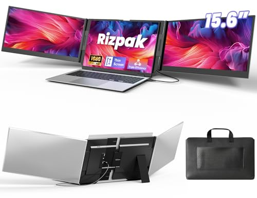 Rizpak One Cable Laptop Screen Extender, 15.6” Ultra-Slim Triple Portable Monitor, 1080P FHD IPS Display, USB-C/USB-A Connection, Travel Monitor for 13–17.3 Laptops, MacOS/Windows/Android