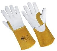 SAFTA Heat & Spark Resistant TIG Welding Gloves Sheepskin Leather with Cow Split Gauntlet Cuff, Kevlar Stitched, AZO-Free Safety Gloves for Gardening, Metal Handling 14 One Side (10, Left & Right)