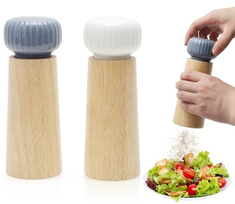 Set Molinos Sal Pimienta en Madera y Cerámica, 17,5 cm, Molinos Manuales con Mecanismo Ajustable, Molienda Continua de Fina a Gruesa, Antideslizante, Fácil de Rellenar, Sal, Pimienta y Otras Especias