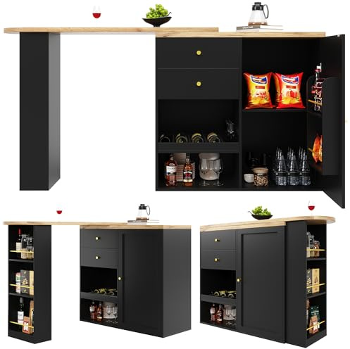 Zenithz Tavolo da bar girevole nero e oro (105-138 cm), isola da cucina a forma di L, credenza con porta scorrevole e 2 cassetti, divisorio flessibile di lusso