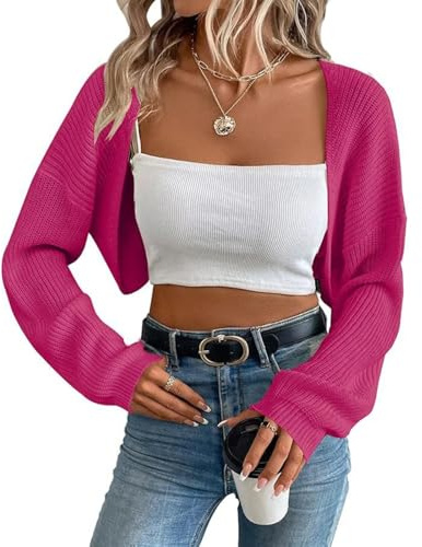 Womens Knit Bolero Shrug Cardigan Long Sleeve Open Front Cropped Cardigans Solid Color Casual Going Out Tops (Rose red,X-Large)