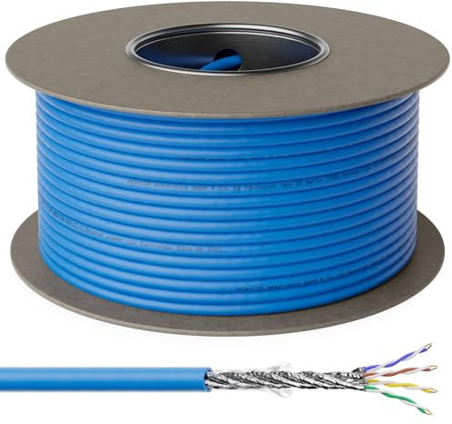 deleyCON 100m CAT 8 Cable Instalación Cobre (CU) Rígido S/FTP PIMF Blindaje 40Gbps 2000MHz AWG22 Cable Red LAN Ethernet Datos LSZH Libre Halógenos BauPVO B2ca - Azul