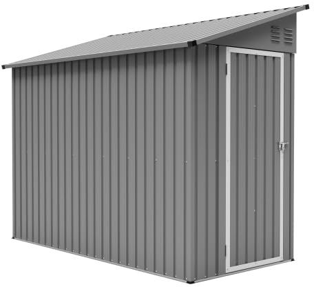 4'x8' Metall-Gartenhaus als Anbau-Schuppen mit Schrägdach, abschließbarer Tür und 2 Lüftungsöffnungen – platzsparender Geräteschuppen für Hinterhof & Terrasse, Werkzeugaufbewahrung in Grau