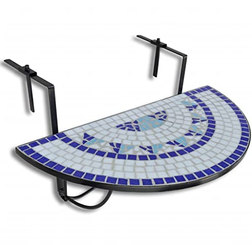 QJBSAVVA Balkonhängetisch Mosaik Blau und Weiß, Halbrund Balkontisch Hängend Klappbar, Stabiler Geländertisch aus Eisen und Keramik für Balkongeländer bis 18 cm, Platzsparend, 76x38 cm Tischplatte