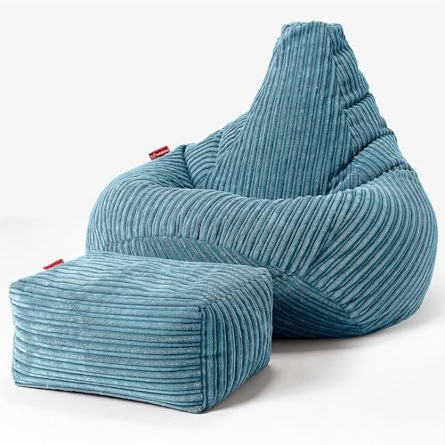 Lounge Pug Pouf Poire Gamer avec Repose-Pieds en Velours Côtelé Ultra Pelucheux - Facilement Transportable, Assise Confortable, Pouf Salon, Adulte, Chambre Ado - Bleu Canard