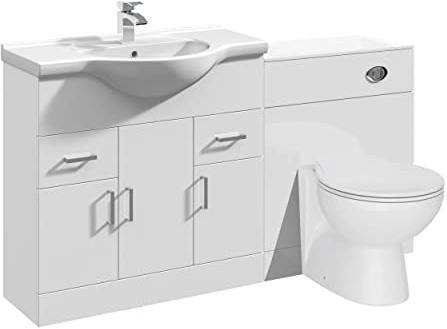VeeBath Linx 1450 Vanity Unit Furniture Set, Wash Basin Bathroom Sink, WC, Toilet Pan, Soft Close, Quick Release Toilet Seat with Concealed Cistern-White (Flat Pack)