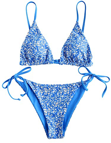 ZAFUL Women's Triangle Bikini Floral String Bikini Set Two Piece Swimsuit Bathing Suits (2-Ocean Blue, M)