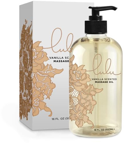 Lulu Vanilla Massage Oil with Fractionated Coconut & Cocoa Butter, Deeply Nourishing Non-Greasy Body Oil for Smooth Skin & Relaxation, for Date Night, Couples Massage & Massage Therapy, 16 fl oz Pump