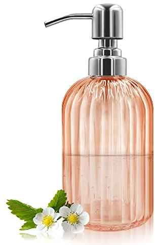 Dispenser per sapone liquido in vetro da 14 oz, con pompa in acciaio inox 304, ricaricabile, per bagno, cucina, piano di lavoro, lavanderia (Ambra)