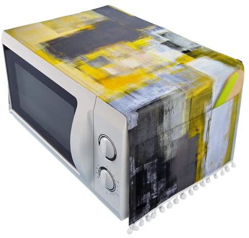 Microwave Oven Top Cover Dustproof Linen Machine Protector Decorative Kitchen Appliance Cover with Side Storage Pockets 11.8x35.4inches Abstract Geometric Yellow Gray White Gray