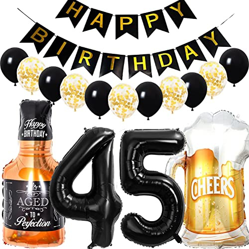 Conruich Geburtstagsdeko 45 Jahre Mann Frau, Luftballon 45. Geburtstag Deko Mann, Folienballon Zahl 45 Schwarz, Helium Ballon Whiskey Bierglas für 45. Geburtstag Manner Party Dekoration