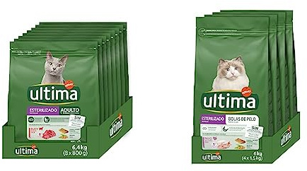 ultima Pienso para Gatos Esterilizados Adultos con Buey, Pack de 8 x 800g - Total: 6.4kg & Pienso para Gatos Esterilizados para Prevenir Bolas De Pelo con Pavo - 4 x 1.5 kg