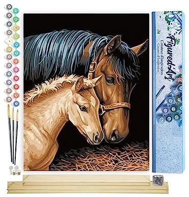 Figured'Art Malen Nach Zahlen Erwachsene Mit Rahmen Pferd und sein Junges - Paint by Numbers Basteln DIY Bastelset 40x50cm Mit Keilrahmen (nicht gespannt)