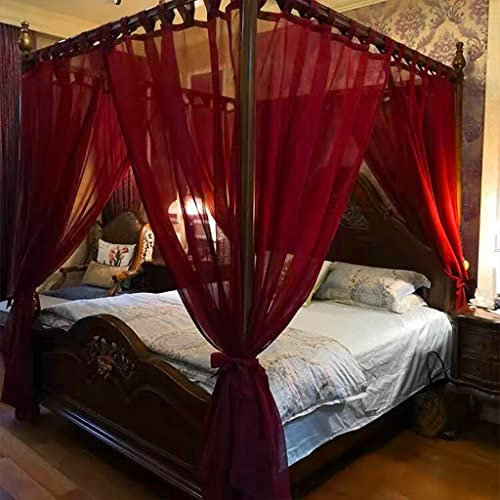 UNICOKA Roter romantischer 4-Eckpfosten-Luxus-Betthimmel-Vorhang ohne obere Abdeckung für Mädchen, Frauen, Erwachsene, Hochzeit, Schlafzimmer, Kinderzimmer, Bettdekoration (rotes Leinen, ohne obere