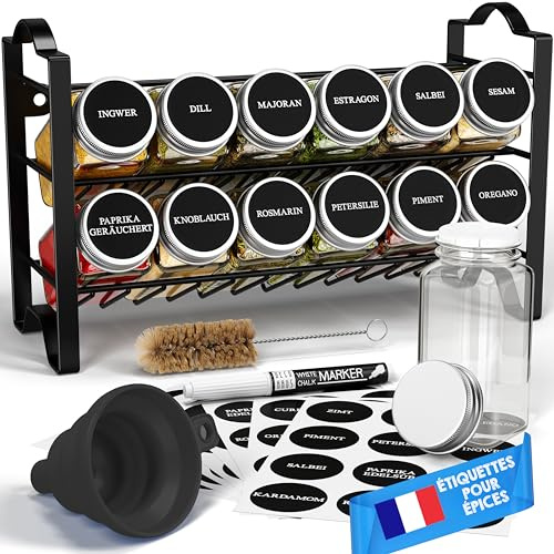 Deco haus® Especieros para Cocina - 12 Botes Especias, Organizador Especias de Condimentos de Metal 2 Niveles - Especiero 12 Tarros de Especias, 48 Etiquetas - Diseño Independiente o para Montar Negro