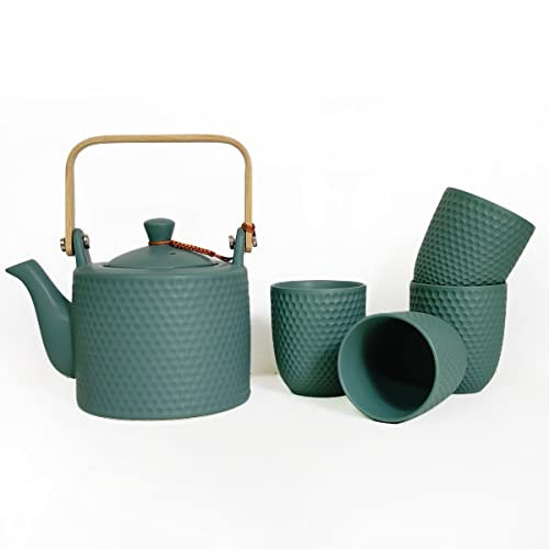 WEOPYCJ Juego de té chino de cerámica con colador, juego de té de porcelana moderna japonesa verde, 1 tetera de 30 onzas, 4 tazas de té de 6 onzas, juego de té con mango de madera para regalo del