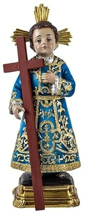 Figura de niño con la Cruz con Vestido Azul de Resina Pintado a Mano 6x6x20