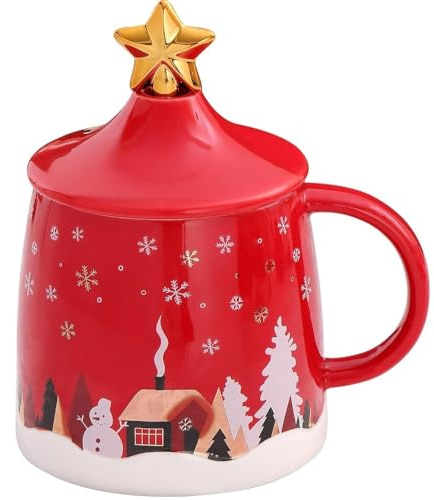 SuperglockT Süße Weihnachten Kaffeetasse 400ml Weihnachtstasse Trinkbecher mit Deckel und Löffel Cartoon Weihnachtsmotiv Muater Milchbecher für Frauen Freundin Kollege Mutter (Rot)