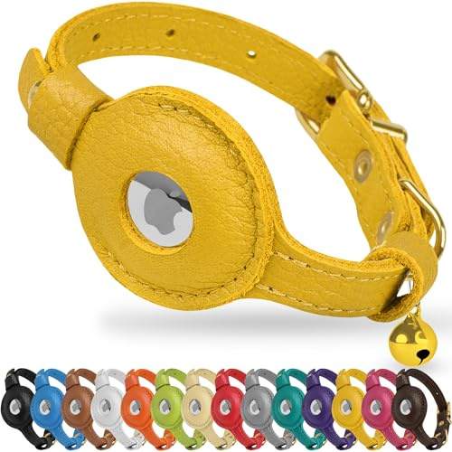 OOPSDOGGY AirTag-Katzenhalsband aus Leder mit Glöckchen, Nicht abreißbar, mit Apple Airtag-Halter, leichtes GPS-Haustierhalsband für Mädchen, Jungen, Katzen, kleine Hunde, Welpen (Yellow)