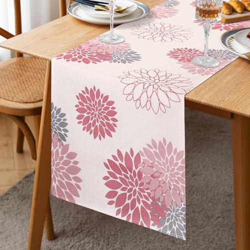 Tischläufer Frühling Sommer Rosa Grau Beige Dahlie Blume Tischläufer 40x140cm Leinen Modern Attraktiv Bauernhaus Geometrischer Tisch Mitte Dekor für Mädchen Wohnzimmer Essparty Terrasse