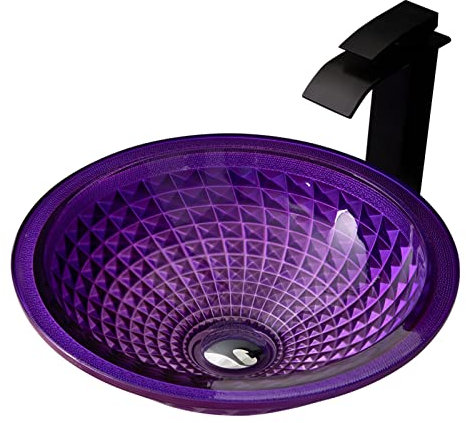 HKFJSH Badezimmer-Waschbecken, Glas-Waschbecken, über der Theke, Badezimmer-Waschbecken, rundes Waschbecken, Badezimmer-Waschbecken mit Wasserfall-Wasserhahn, Abfluss-Kombination