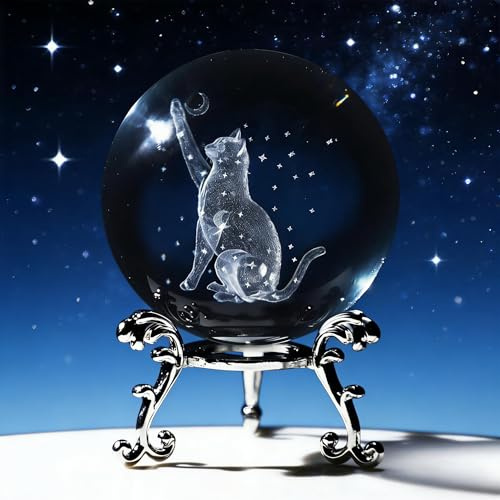 vskikris Figura de peso de papel de bola de cristal 3D de 60 mm, grabado con láser, diseño de gato, luna y estrella con soporte, pisapapeles de esfera de cristal y regalo para amantes de los gatos,