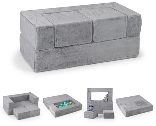 DREAMADE 2 in 1 Kindersofa ausklappbar, Kindersessel aus Schsumstoff, Kinderspielsofa mit abnehmbarem & waschbarem Plüschbezug, Kindermöbel für Spielzimmer, Kinderzimmer & Schlafzimmer, Grau