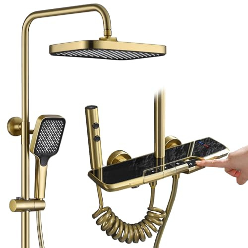 RONMX Colonne de Douche Thermostatique Noir et Or, Moderne Or Brossé Ensemble de Douche avec 4 Touches de Piano, 31x21cm Systèmes de Douche, Robinet de Baignoire, Douchette, Réglable en Hauteur