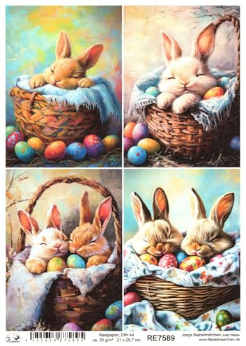 Josys Bastelmärchen Reispapier DIN A4 Strohseide Decoupage Ostern süßer Hase Häschen im Korb RE7589