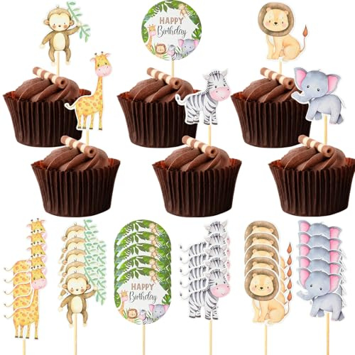qingmeng 30 Stück Safari Kuchen Dekoration Tiere Wild Dschungel Dekoration Geburtstag Cupcake Dekoration Muffindekoration Kindergeburtstag Cupcake Topper Tischdekoration Babyparty Dekoration