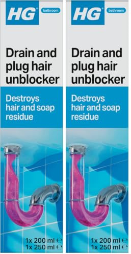 HG Drain and Plug Hair Unblocker, Removes Hair from Showers, Baths, Sinks & Plug Holes, Unblocks Blocked Bathroom Pipes & Drains Quickly & Easily (200 ml + 250 ml) - 667045106 (Pack of 2)