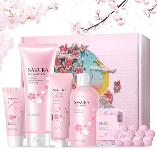 Sakura Body Care Gift Set, 8 PCS Sakura Bath Sets for Women Gifts, Bath Gift Sets con Shower Gel, Bath Bombs, Body Lotion, Hand Mask, Travel Soap, Hand Cream, Suitable Mother's Day, Birthday Gifts