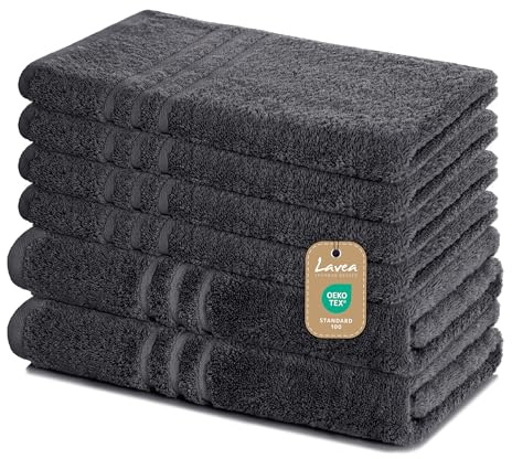 Lavea® 6-teiliges Handtuch Set Elena, Anthrazit | 100% Baumwolle - 4x Handtücher 50x100 cm, 2x Duschtücher 70x140 cm, Frottee Handtücher Set weich, Bad & Gäste