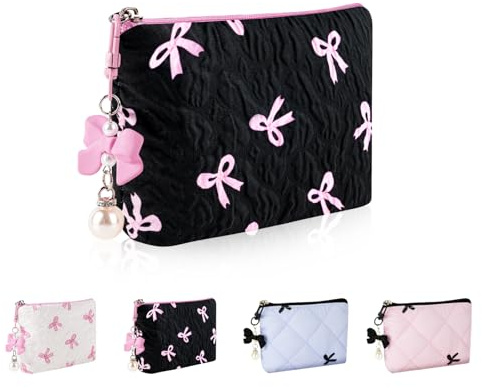 Playexen Mini Makeup Bag, Small Bow Tie Cosmetic Bag for Purse with Keychain, Portable XS Travel Makeup Pouch for Daily Use (Black)