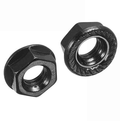 TOP-VIGOR M6 Serrated Flange Hex Lock Nuts, Carbon Steel Black Oxide Finish, Self-Locking Threaded Nuts, Anti-Loosening Hex Flange Fasteners for Bolts and Machinery, 20pcs