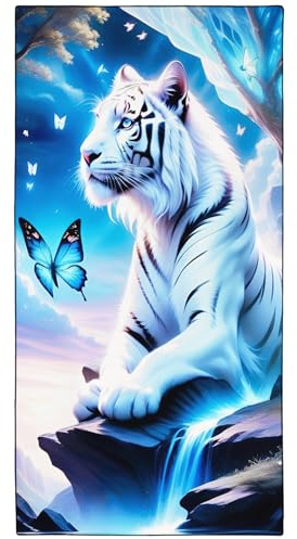 YISUMEI Weißer Tiger - Blauer Schmetterling Strandtuch XXL 180x90cm - Schnelltrocknendes Mikrofaserhandtuch mit Tasche, Saugstark Sandfrei - Leichtes Reisehandtuch für Strand, Pool