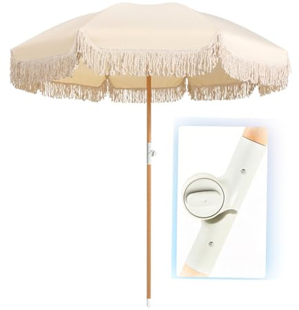 Fransen Sonnenschirm 200 cm Holz-Sonnenschirm Mit Quasten Marktschirm Gartenschirm Terrassenschirm Rund UV50+ Neigbar Kippbar Mit Tragetasche(Beige)