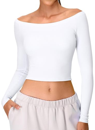 SEAUR T-Shirts de Sport Femme à Manche Longues Épaule Dénudée Crop Top Gym Yoga Haut d'entraînement Basique S