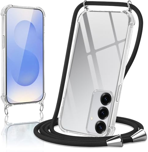 Micnkifo Handyband Hülle mit Band für Samsung Galaxy S25 5G, Necklace Handyhülle mit Kordel Schutzhülle für zum Umhängen, Transparent TPU Case Stoßfest Kratzfest Silikon Cover mit Kette, Schwarz
