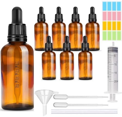 CafullCon 8 Stück Pipettenflasche, 100ml Wiederverwendbar Anti-UV Flasche mit Pipette, Braunglasflasche mit Trichter Spritze Katheter Tropfer Aufkleber, Apothekerflasche für Ätherische Öle Parfümöle