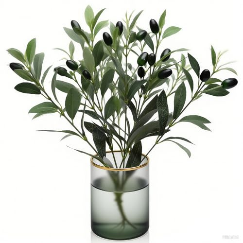 Rama de olivo artificial 30 cm, Set de 10 tallos flexibles con 2 frutos de espuma por rama, follaje realista para jarrón, bodas, decoración del hogar, fotografía, sin mantenimiento Jarrón no incluido