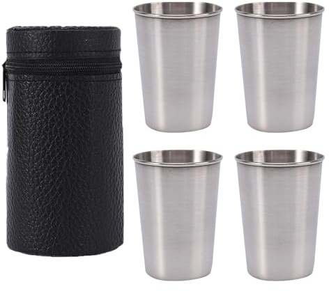 Stahl - Metallbecher 4 Stück | Langlebige Stahlschießbecher | Metallische Trinkbecher | Mini Stapelbare Becher mit Lederhülle für Reisen, Outdoor-Sport, Ausrüstung