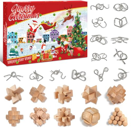 Adventskalender Puzzle Kinder, Adventskalender 2025 Knobelspiele Kinder,24 Tage Puzzle Adventkalender Weihnachts Countdown Kalender Advent Calendar 2025 mit Metall Knobelei und Holzk IQ Knobelspiele