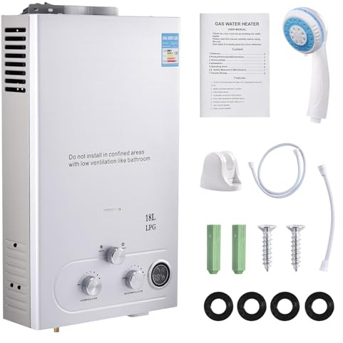 18L Gas Durchlauferhitzer,32KW LPG Propan Warmwasserbereiter Durchlauferhitzer Super Niedrigem 0,5bar Startwasserdruck, für Dusche & Täglichen Gebrauch Campingausflüge Silber