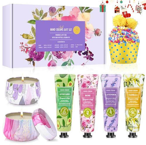 Cadeaux pour femmes, 7 coffrets de Noël comprenant 4 mini crèmes pour les mains, 2 bougies parfumées et 1 paire de chaussettes pour femme, Petits cadeaux de Noël pour femmes, collègues, amies, mamans