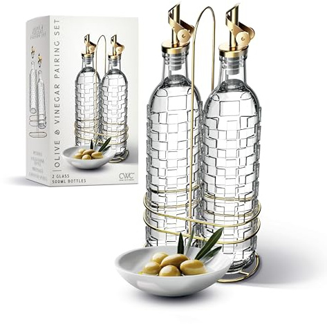 COOK WITH COLOR Glass Olive Oil Bottle Dispenser - 2 Pack- 17oz Oil and Vinegar Cruet - Olive Oil Carafe Decanter for Kitchen, Checkered, Clear