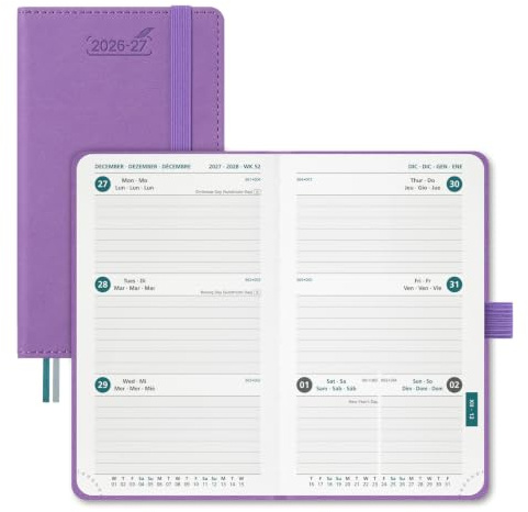 BEZEND Taschenkalender 2026 2027 Klein Wochenkalender A6 15,5 x 9 cm | 18 Monate Kalender (Jul 26 - Dez 27), 1 Woche 2 Seiten, PU-Leder Hardcover, 80 GSM Papier, Lavendel