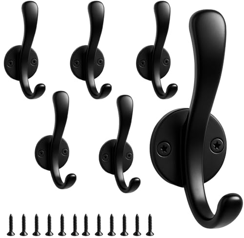 kaiyaya 6 Stück Garderobenhaken Schwarz, Kleiderhaken Set mit Schrauben, Haken Garderobe für Kleidung, Hüte und Handtücher,Wandhaken für Schlafzimmer, Kleiderschrank, Wohnzimmer