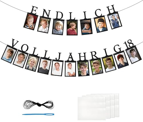 Oiieco Girlande 18. Geburtstag Junge Schwarz - Meilensteine Deko Für 18 Jahre Mit 18 Glitzerkarten Für Fotos 1–18, DIY Foto Girlande Für 6 Zoll Fotos 10x15, Party Hängedeko & Geburtstagsdeko Junge