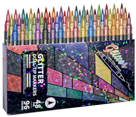 96pcs Acrylic Paint Pens,Glitter Brush Markers Pens,Dual Tip Glitter Pen Set,for Cards, DIY Crafts, Doodle, Writing, Adults Coloring Books, Art Supplies Scrapbooking